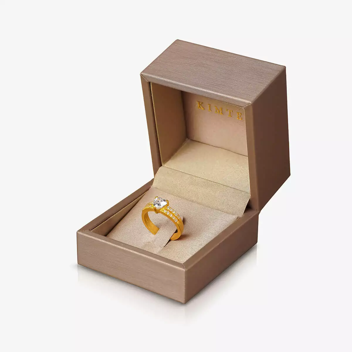 Gold Ring 1/2 SaLueng Heart Shaped Swiss Diamond and is Adorned With a Row of Smaller Stones